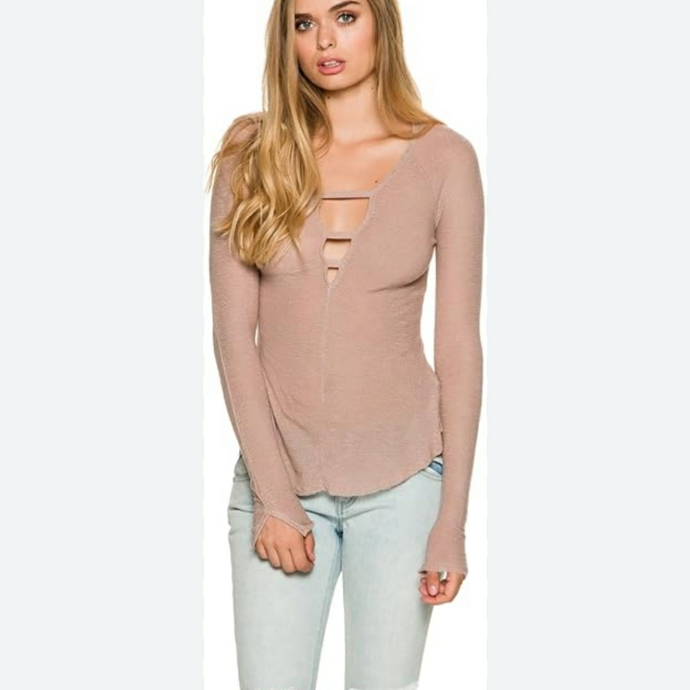 Free People Blush Nude Bae Bae lowcut long sleeve top large